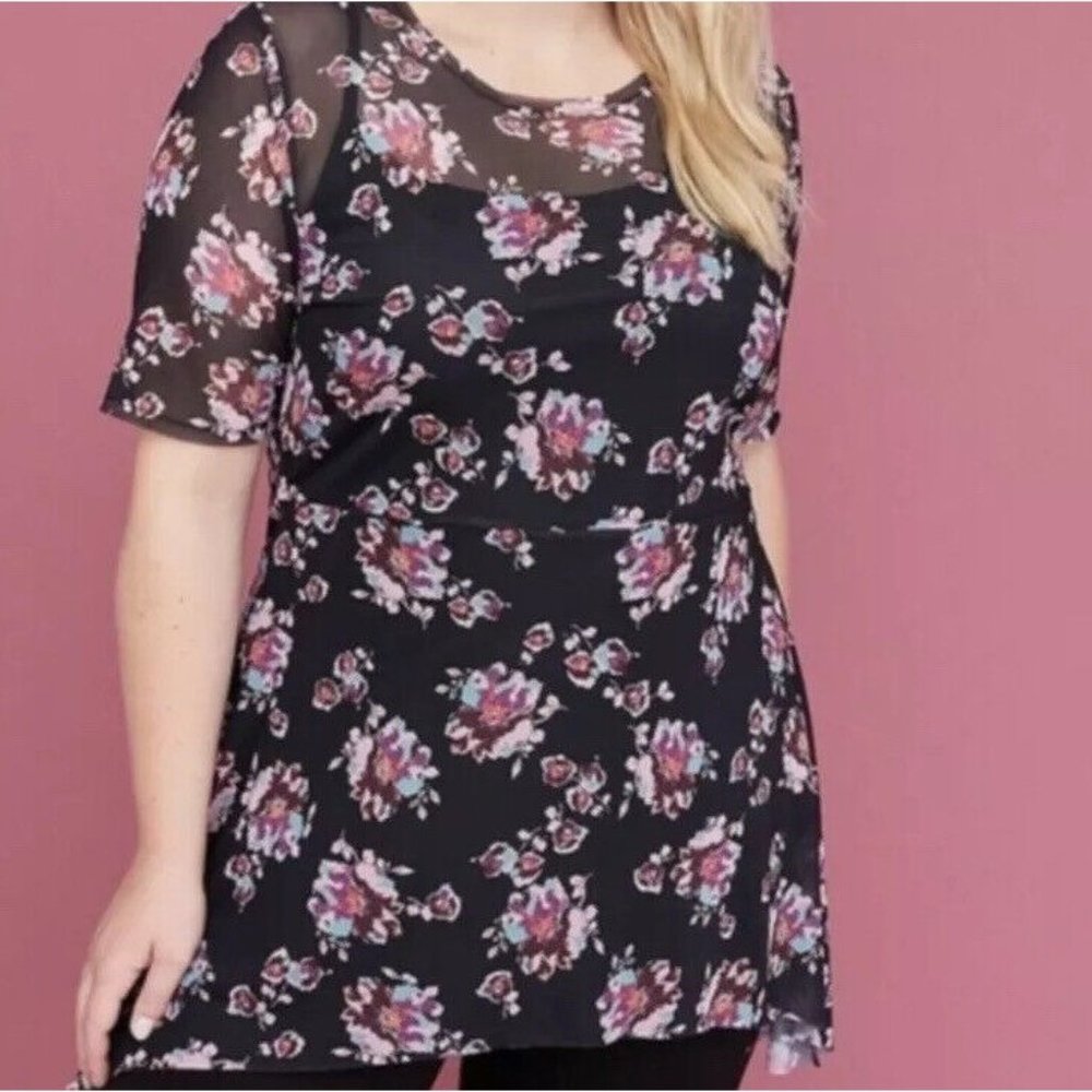 Lane Bryant Peplum Tunic Top Size 22/24 Black Pink Floral Mesh Swim Cover Up